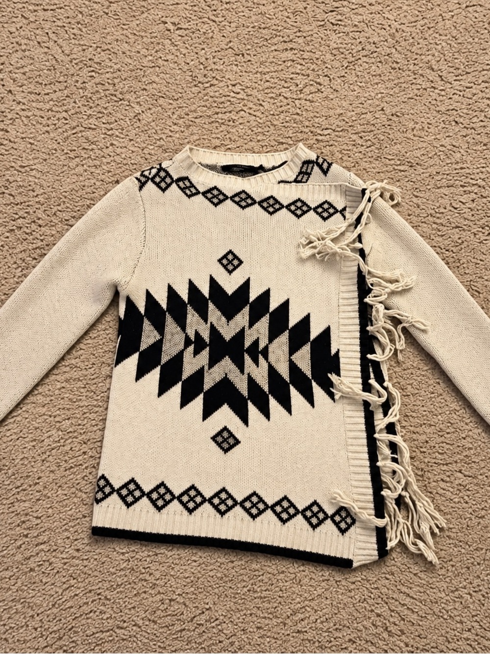 Doe & Rae Cream and Black Geometric Fringe Sweater